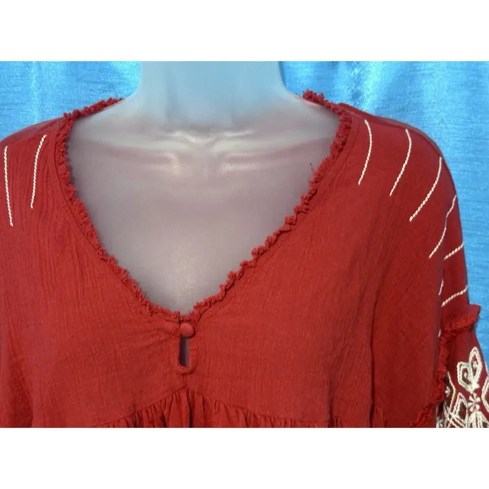 Free People Penny Love Top Cropped Red Embroidered Tassels Boho SZ M